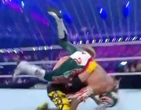 Logan Paul rushed to catch Rey Mysterio. Credit: Credit: X/@WWEAEW00009