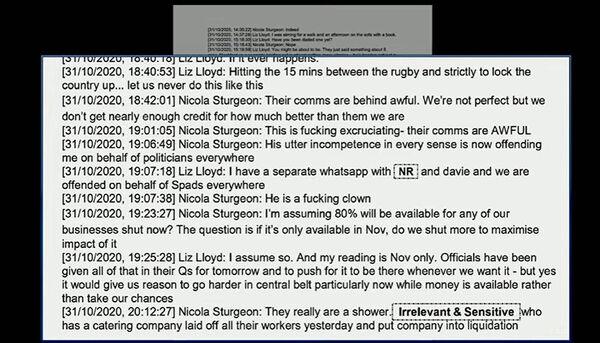 A screen grab from the UK's covid-19 inquiry live stream of WhatsApp messages between Liz Lloyd and Nicola Sturgeon. Picture: UK Covid-19 Inquiry/PA Wire 